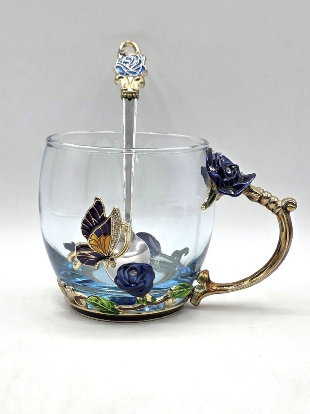 ARC Enameled Butterfly Blue Glass Coffee Tea Cup Blue Rose Gold Tone Match Spoon